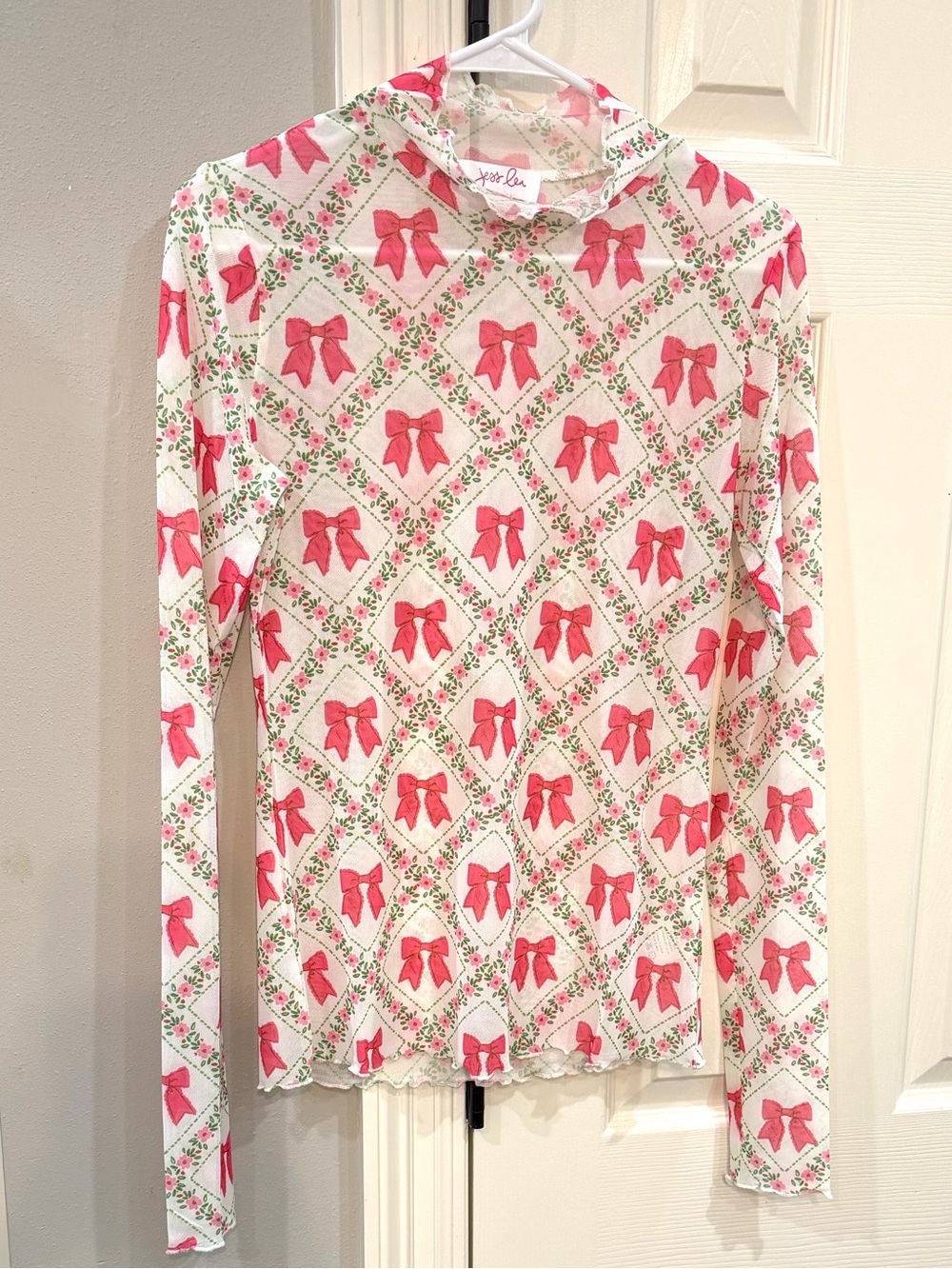 NEW in bag- Jess Lea pink bow print long sleeve mesh top sz M
